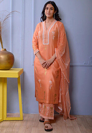 Foil Printed Chanderi Silk Pakistani Suit in Orange