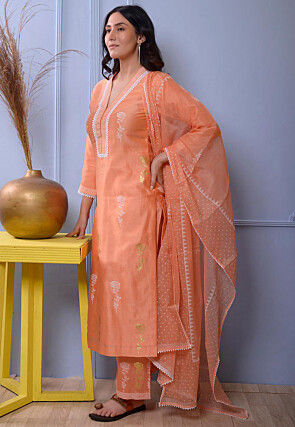 Foil Printed Chanderi Silk Pakistani Suit in Orange