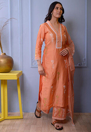Foil Printed Chanderi Silk Pakistani Suit in Orange