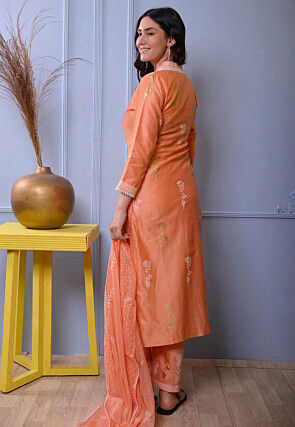 Foil Printed Chanderi Silk Pakistani Suit in Orange
