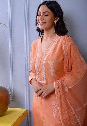 Foil Printed Chanderi Silk Pakistani Suit in Orange