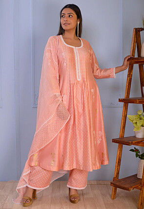 Foil Printed Chanderi Silk Pakistani Suit in Peach