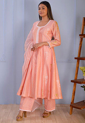 Foil Printed Chanderi Silk Pakistani Suit in Peach