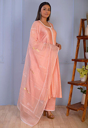 Foil Printed Chanderi Silk Pakistani Suit in Peach