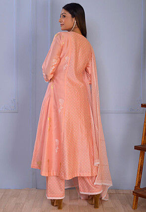 Foil Printed Chanderi Silk Pakistani Suit in Peach
