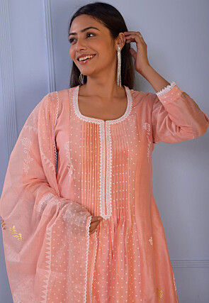 Foil Printed Chanderi Silk Pakistani Suit in Peach