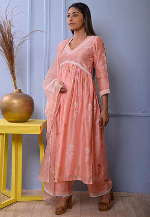 Foil Printed Chanderi Silk Pakistani Suit in Peach