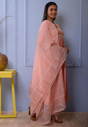 Foil Printed Chanderi Silk Pakistani Suit in Peach