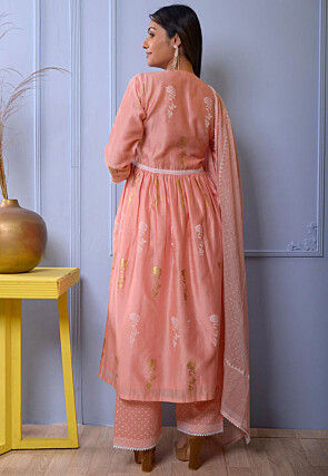 Foil Printed Chanderi Silk Pakistani Suit in Peach