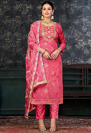 Foil Printed Chanderi Silk Pakistani Suit in Pink
