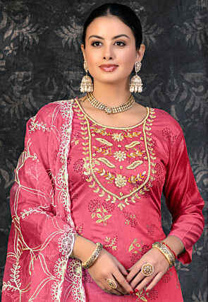 Foil Printed Chanderi Silk Pakistani Suit in Pink