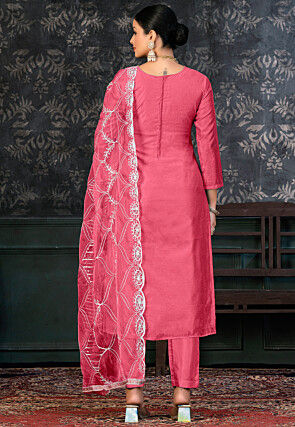 Foil Printed Chanderi Silk Pakistani Suit in Pink