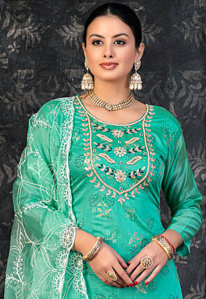 Foil Printed Chanderi Silk Pakistani Suit in Turquoise