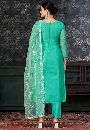 Foil Printed Chanderi Silk Pakistani Suit in Turquoise