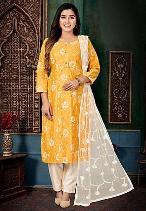 Foil Printed Chanderi Silk Pakistani Suit in Yellow