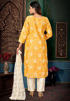 Foil Printed Chanderi Silk Pakistani Suit in Yellow