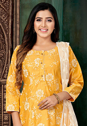 Foil Printed Chanderi Silk Pakistani Suit in Yellow