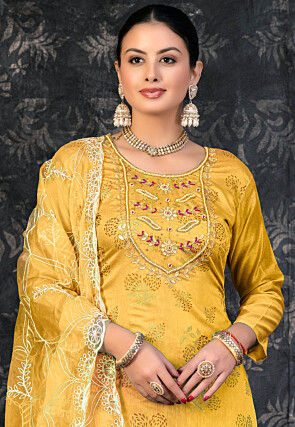 Foil Printed Chanderi Silk Pakistani Suit in Yellow