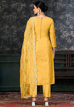Foil Printed Chanderi Silk Pakistani Suit in Yellow