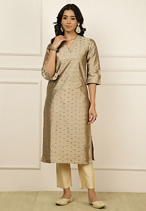Foil Printed Chanderi Silk Straight Kurta in Fawn