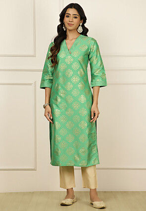 Foil Printed Chanderi Silk Straight Kurta in Light Green