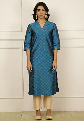 Foil Printed Chanderi Silk Straight Kurta in Teal Blue