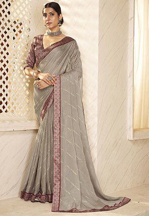 Foil Printed Chiffon Saree in Grey