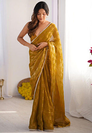 Foil Printed Chiffon Saree in Mustard