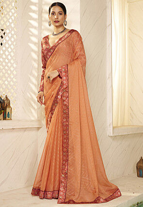Foil Printed Chiffon Saree in Orange