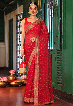 Foil Printed Chiffon Saree in Red