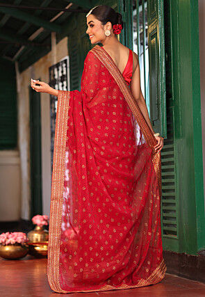 Foil Printed Chiffon Saree in Red
