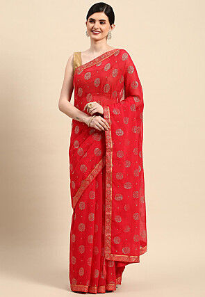 Foil Printed Chiffon Saree in Red