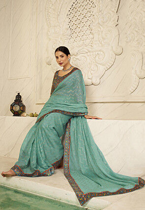 Foil Printed Chiffon Saree in Sea Green