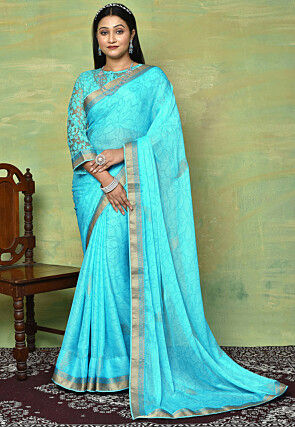 Foil Printed Chiffon Saree in Turquoise