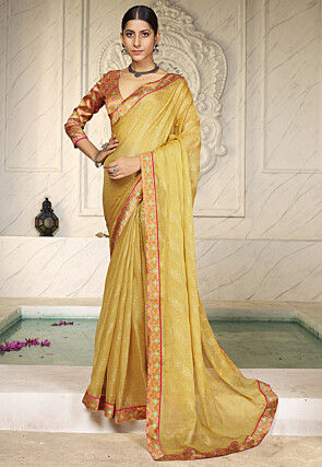 Foil Printed Chiffon Saree in Yellow