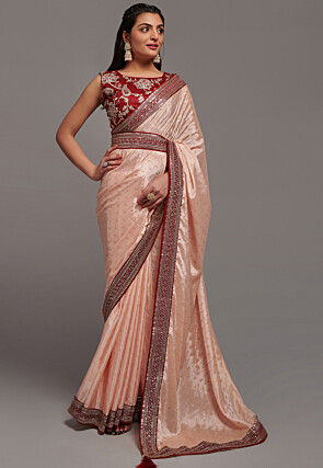 Foil Printed Chinon Chiffon Saree in Peach