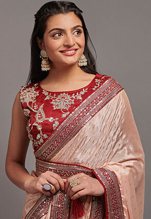 Foil Printed Chinon Chiffon Saree in Peach