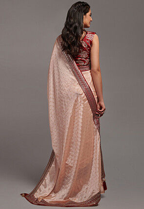 Foil Printed Chinon Chiffon Saree in Peach