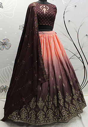 Foil Printed Chinon Silk Lehenga in Shaded Peach and Brown