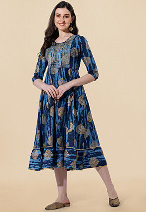 Foil Printed Cotton A Line Kurta in Navy Blue