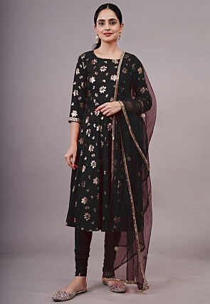 Foil Printed Cotton A Line Suit in Black