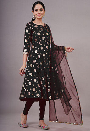 Foil Printed Cotton A Line Suit in Black