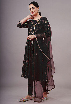 Foil Printed Cotton A Line Suit in Black