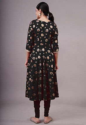 Foil Printed Cotton A Line Suit in Black