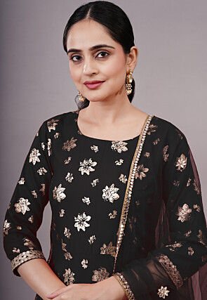 Foil Printed Cotton A Line Suit in Black