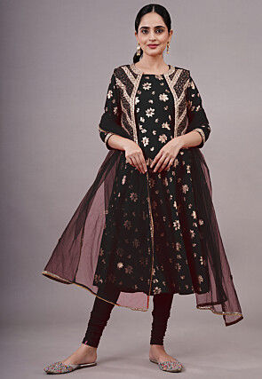 Foil Printed Cotton A Line Suit in Black