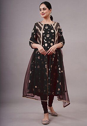 Foil Printed Cotton A Line Suit in Black