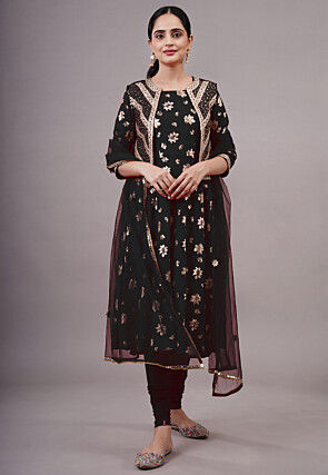 Foil Printed Cotton A Line Suit in Black