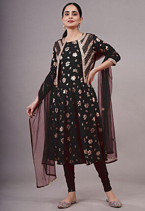 Foil Printed Cotton A Line Suit in Black