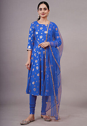 Foil Printed Cotton A Line Suit in Blue